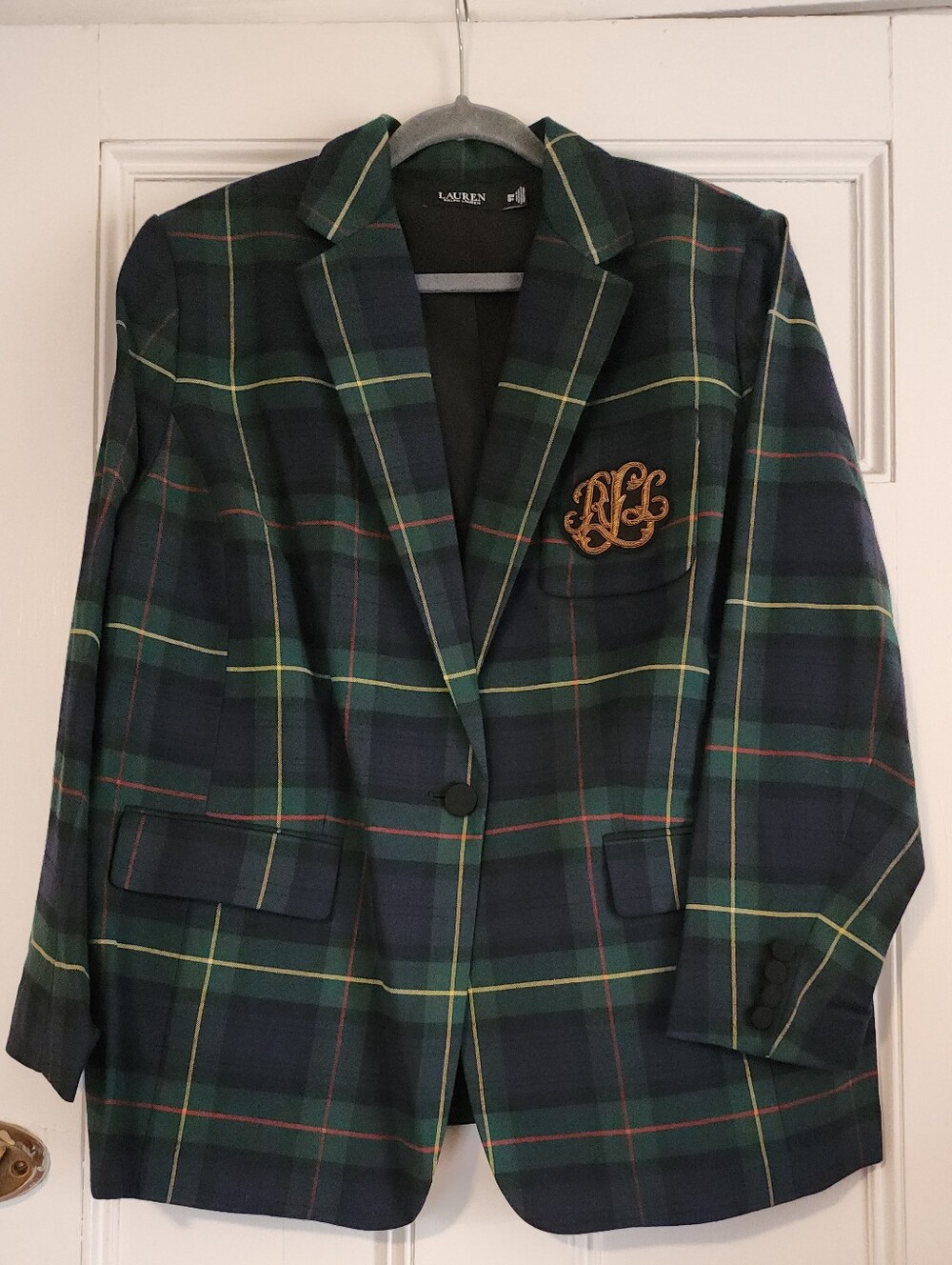 Lauren Ralph Lauren Black Watch Tartan Plaid Wool-Blend Crest Blazer Green &